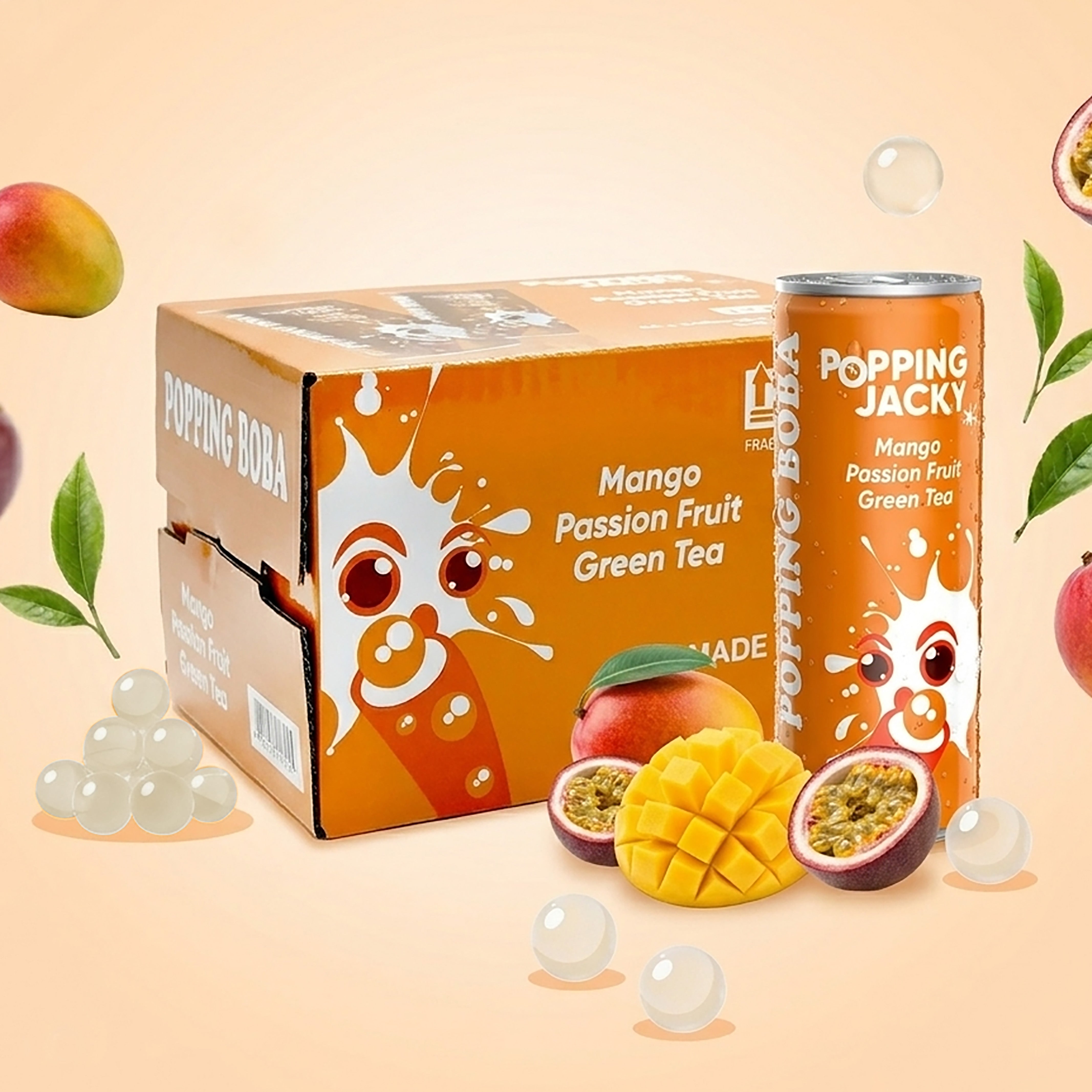 POPPING JACKY (POPPING BOBA DRINK) FAMILY SIZE - MANGO PASSION FRUIT GREEN TEA  240 ml *12 CANS/CTN
