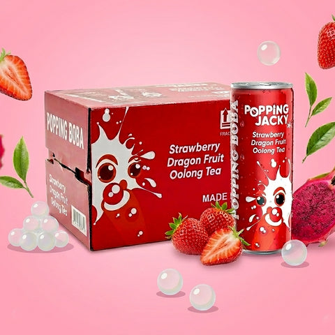 POPPING JACKY (POPPING BOBA DRINK) SMALL SIZE - STRAWBERRY DRAGON FRUIT OOLONG TEA 240 ml *12 CANS/CTN