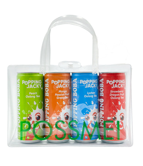 POPPING JACKY (POPPING BOBA DRINK)  FAMILY SIZE 3 PACK - ASSORTED FLAVORS  - 240 ml *4 CANS/ PACK