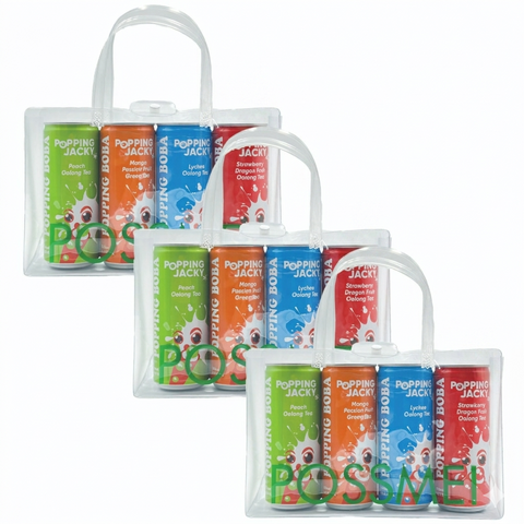 POPPING JACKY (POPPING BOBA DRINK)  FAMILY SIZE 3 PACK - ASSORTED FLAVORS  - 240 ml *4 CANS/ PACK