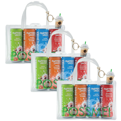 POPPING JACKY (POPPING BOBA DRINK)  FAMILY SIZE 3 PACK - ASSORTED FLAVORS  - 240ML*4 CANS/ PACK
