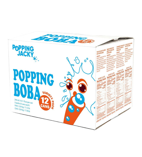 POPPING JACKY (POPPING BOBA DRINK)  FAMILY SIZE 3 PACK - ASSORTED FLAVORS  - 240 ml *4 CANS/ PACK