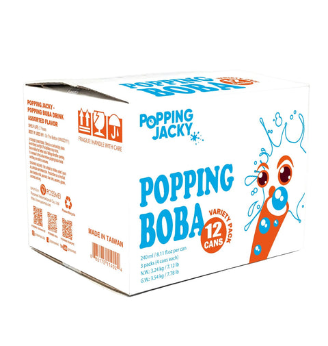 POPPING JACKY (POPPING BOBA DRINK)  FAMILY SIZE 3 PACK - ASSORTED FLAVORS  - 240 ml *4 CANS/ PACK