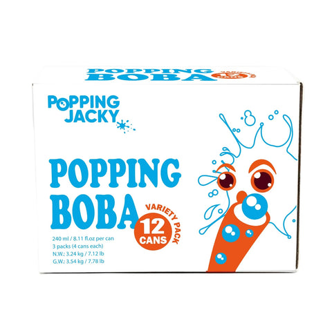POPPING JACKY (POPPING BOBA DRINK)  FAMILY SIZE 3 PACK - ASSORTED FLAVORS  - 240 ml *4 CANS/ PACK